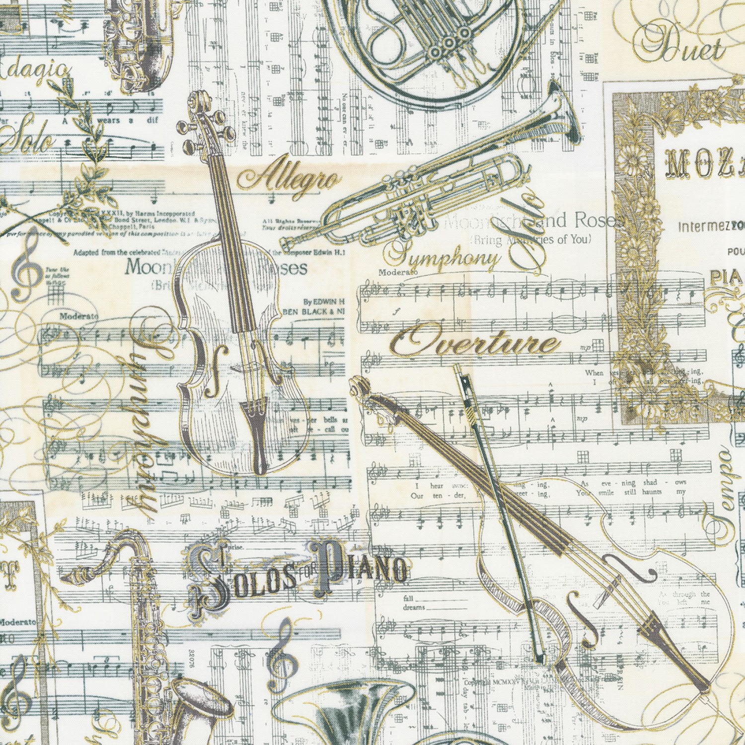 Antique Musical Instruments on Music Sheets w/Metallic Fabric