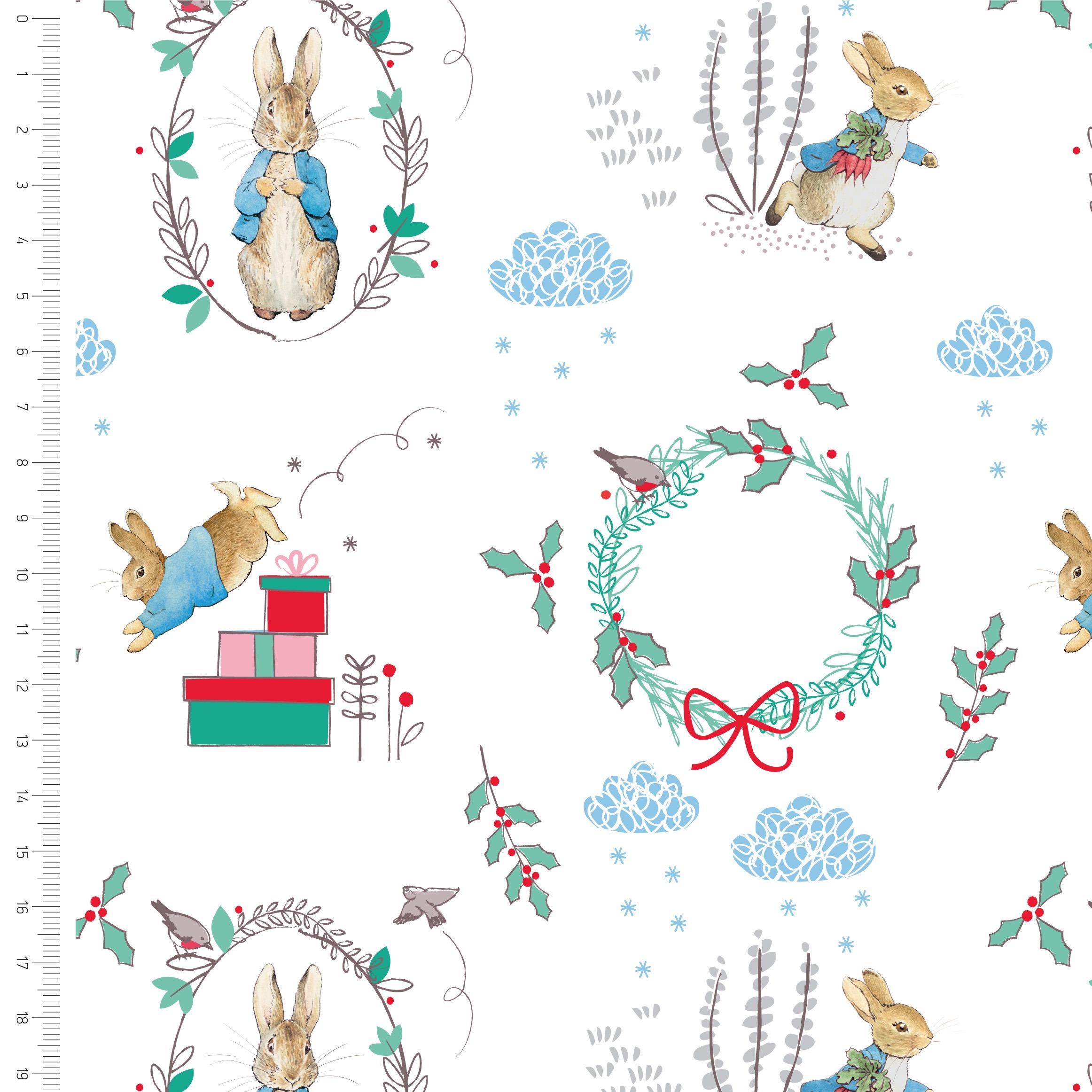 Peter Rabbit Christmas Wreath Fabric - White