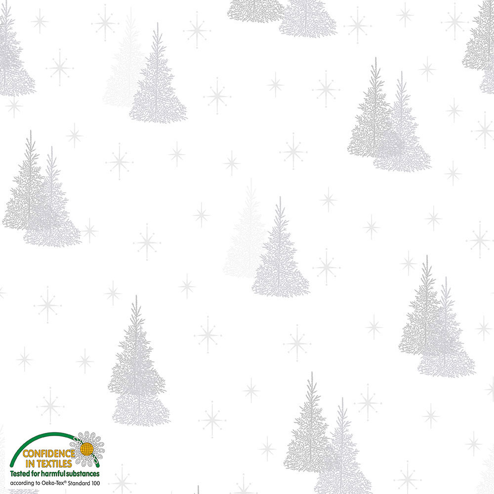 Stof Magic Christmas Fabric - Silver Trees White Metallic