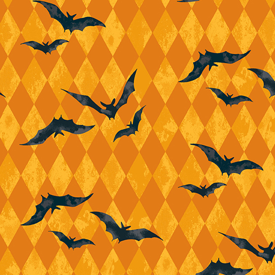 Midnight Haunt Harlequin Bats Fabric - Orange