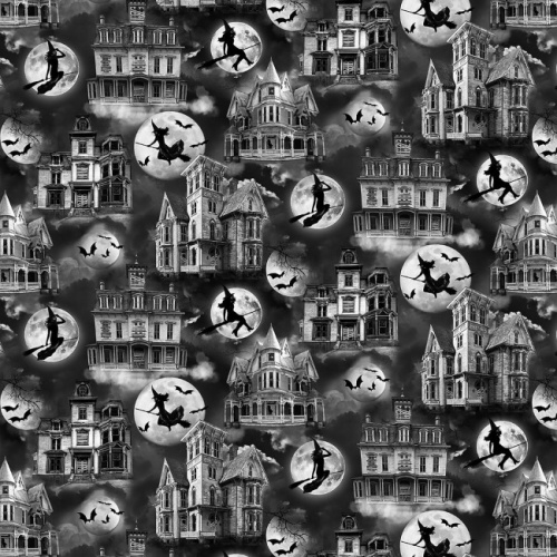 Charcoal Wicked Flying Witches and Haunted House Halloween Fabric