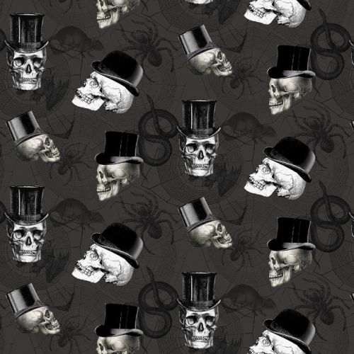 Charcoal Wicked Skulls in Top Hats Halloween Fabric