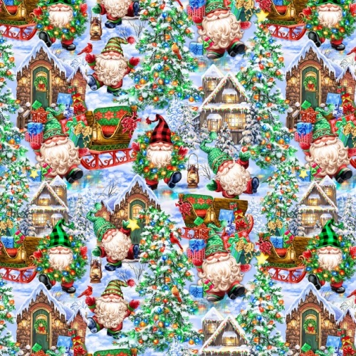 Multi Christmas Gnomes In Homes Fabric