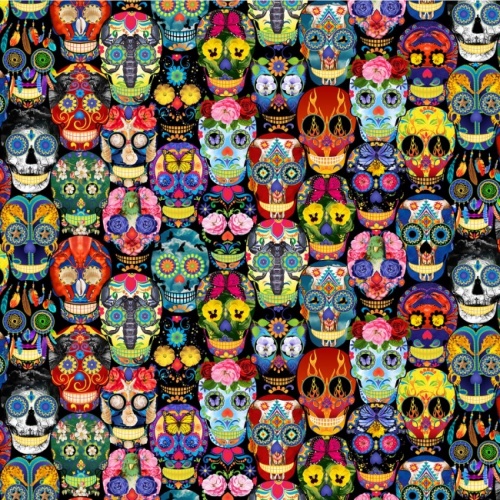 Multi Day Of The Dead Skull Folklore Halloween Fabric