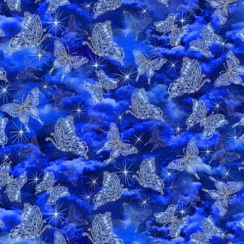 Fairy Soiree Blue Sparkling Butterflies Fabric with metallic