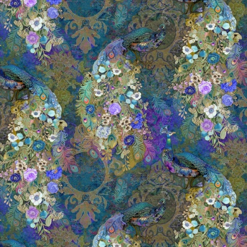 Teal Peacock Bird and Floral Fabric