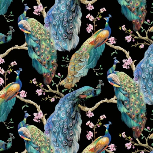 Black Elegant Peacock on Branches Fabric