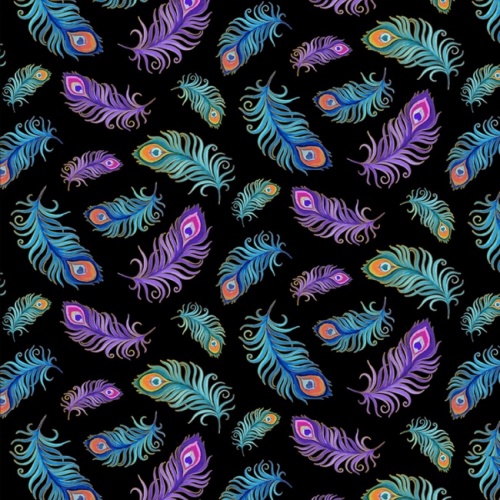 Black Tossed Peacock Feathers Fabric