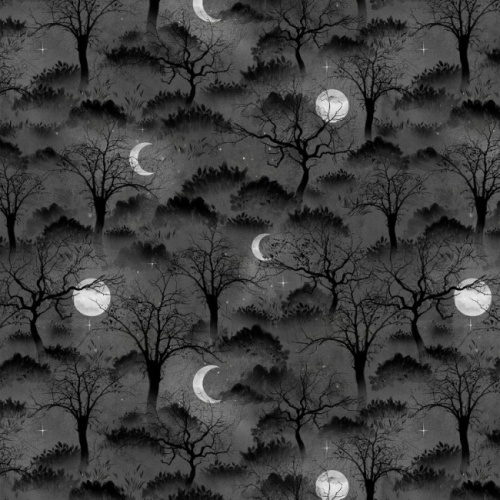 Frightful Night Black Halloween Trees and Moons Fabric