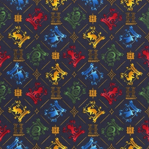 Harry Potter Fabric - Indigo Illustrated Houses