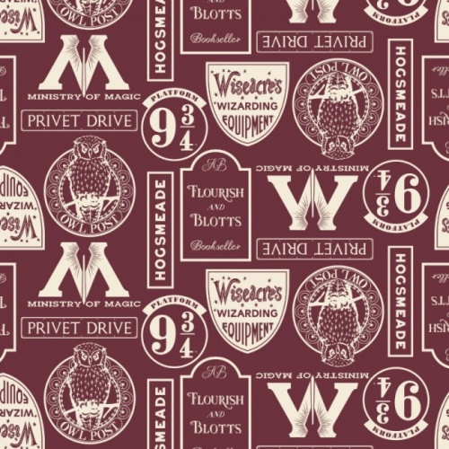 Harry Potter Locations Fabric - Burgundy