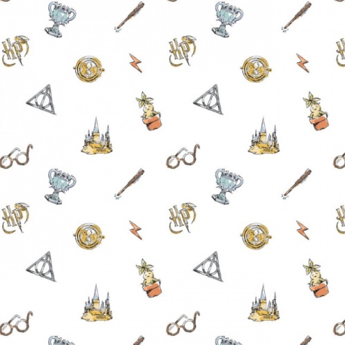 Harry Potter Watercolour Elements Fabric - White