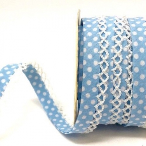 Light Blue Lace Edge Spotty Bias Binding 12mm