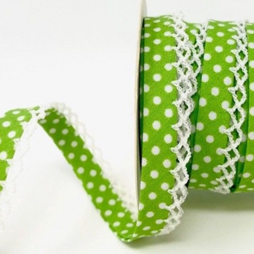 Lime Green Lace Edge Spotty Bias Binding 12mm