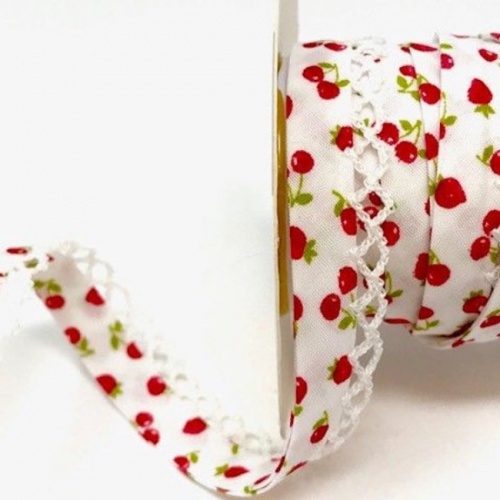 White Strawberry and Cherry Lace Edge Bias Binding 12mm