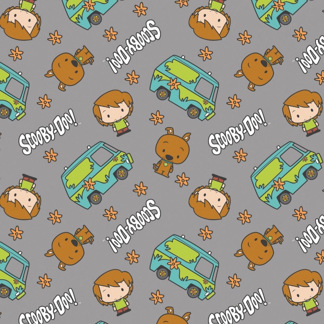 Grey Chibi Scooby Doo Floral Toss Fabric