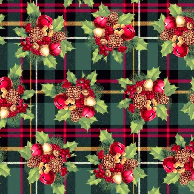 Berries and Bells on Plaid Fabric