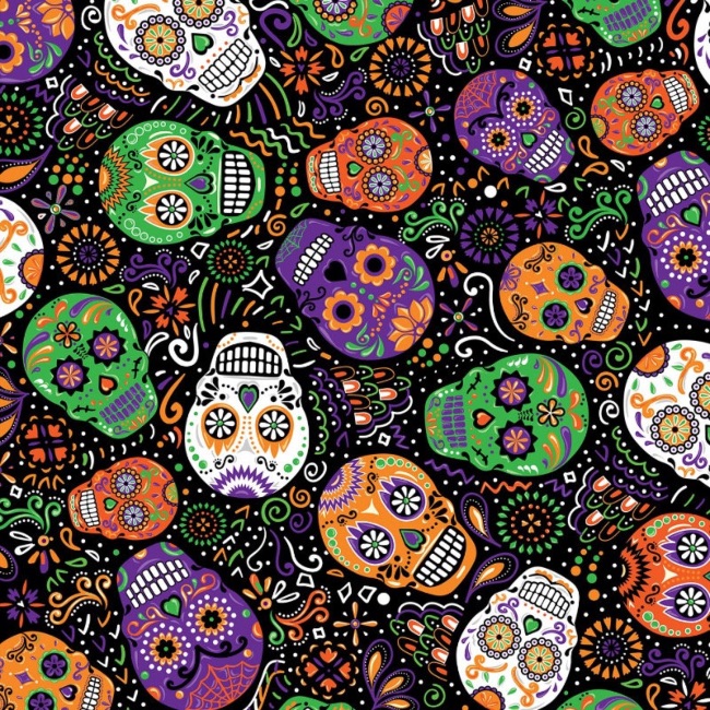 Black Day of the Dead Mardi Gras Fabric