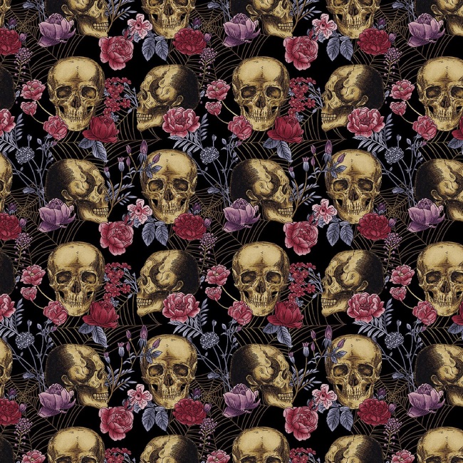 Black Skulls and Flowers Fabric