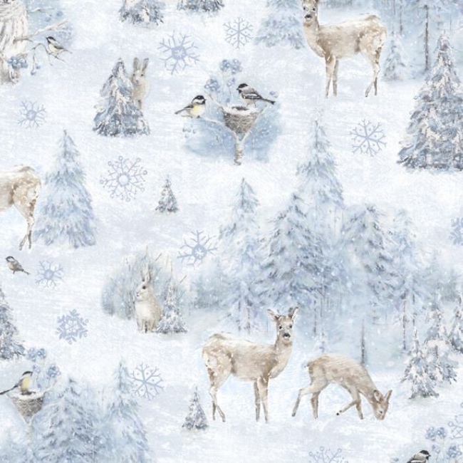 Blue Winter Frost Forest Animals Scenic Fabric