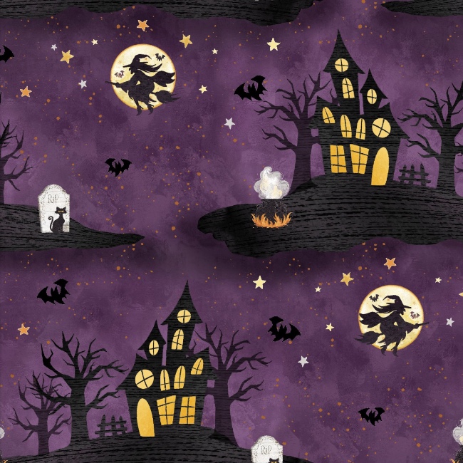 Boo Y'all Fabric - Haunted House Purple