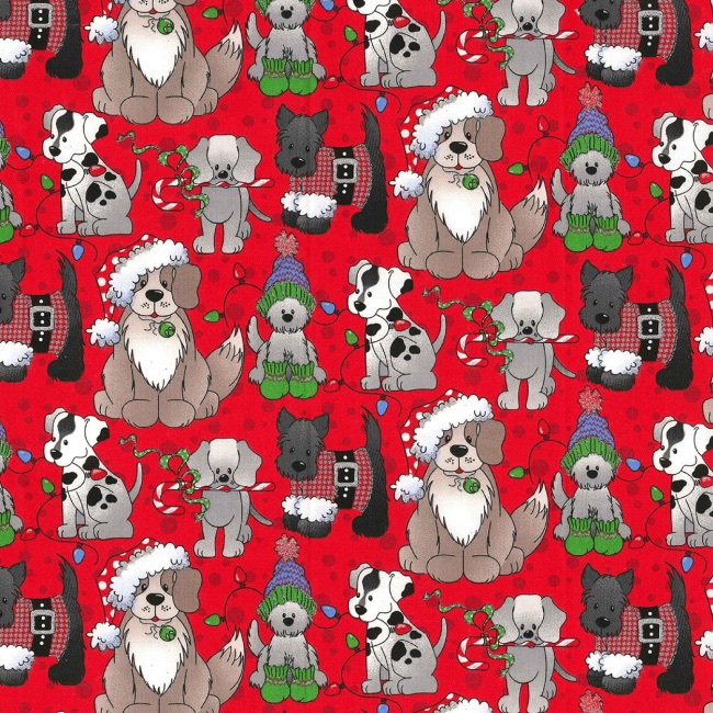 Christmas Pups on Red Fabric