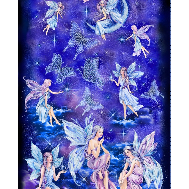 Fairy Soiree Indigo Fairies, Moons and Butterflies Fabric Panel with metallic