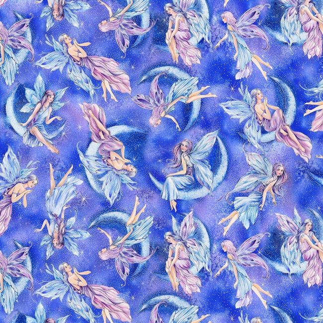 Fairy Soiree Sky Sparkling Fairies Fabric with metallic