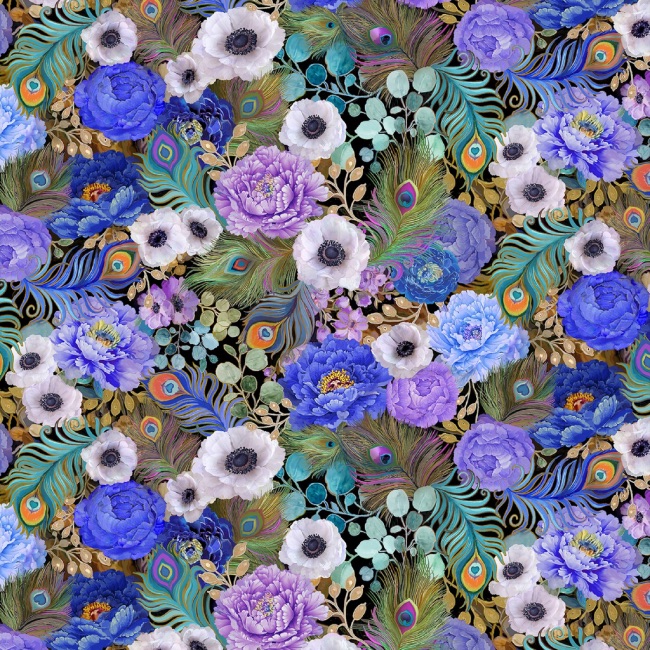 Multi Peacock Feathers and Flowers Fabric