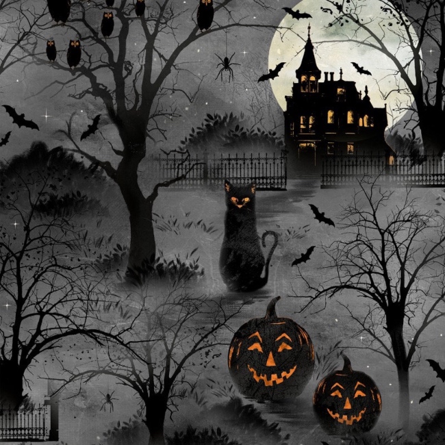 Frightful Night Black Halloween Scenic Fabric