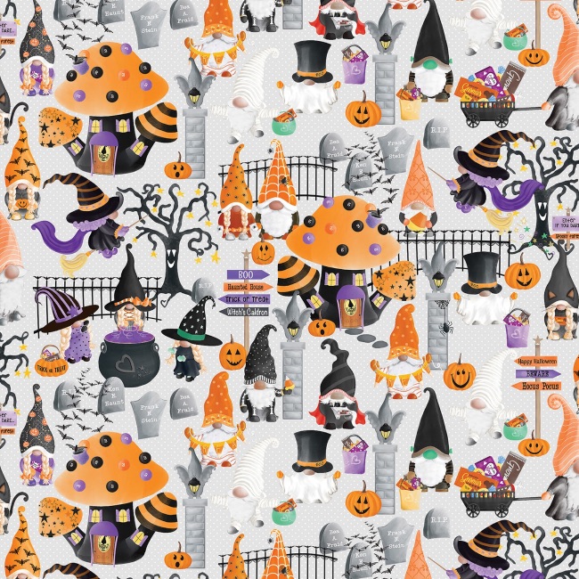 Grey Spooky Gnomes Scenic Halloween Fabric