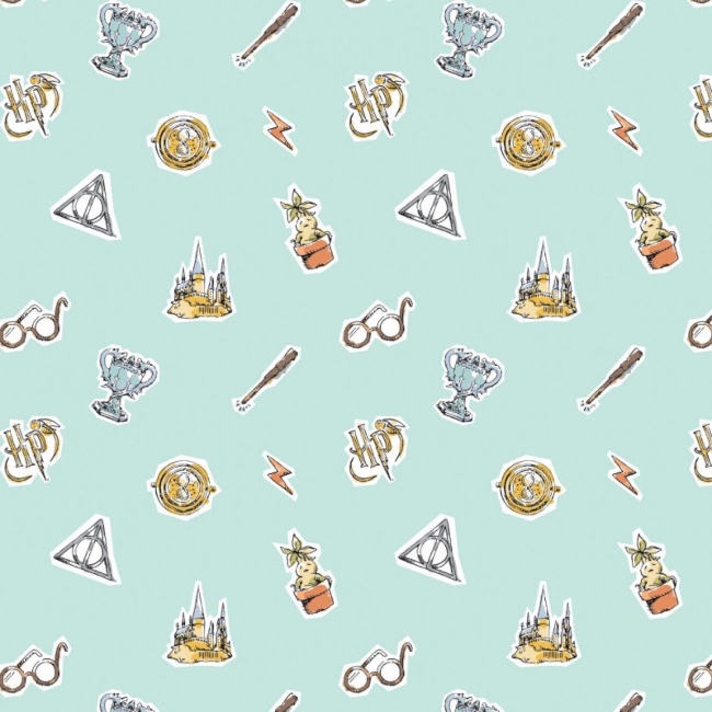 Harry Potter Watercolour Elements Fabric - Aqua