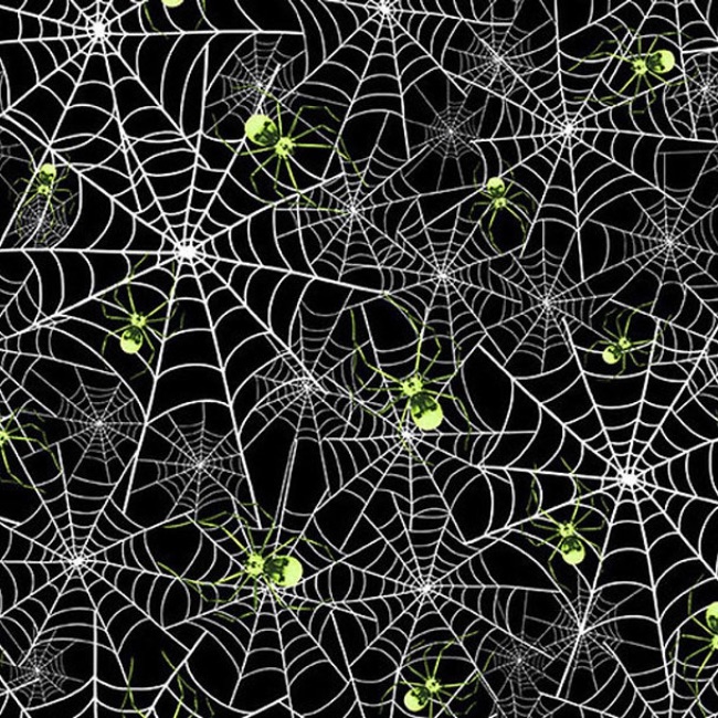 FB Hocus Pocus Spiderwebs With Spiders Glow In The Dark Fabric