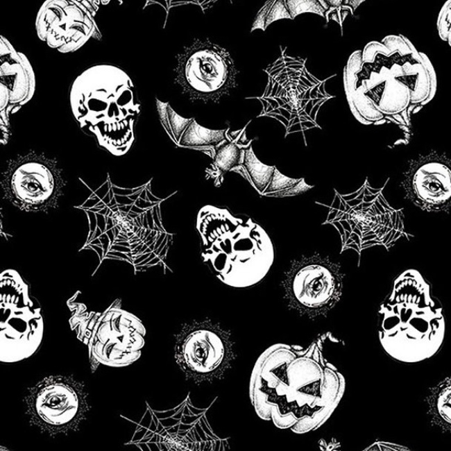 Hocus Pocus  Tossed Halloween Motifs Glow In The Dark Fabric