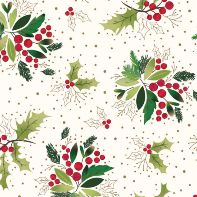 Traditional Holly - Foliage Cream - Christmas Fabric