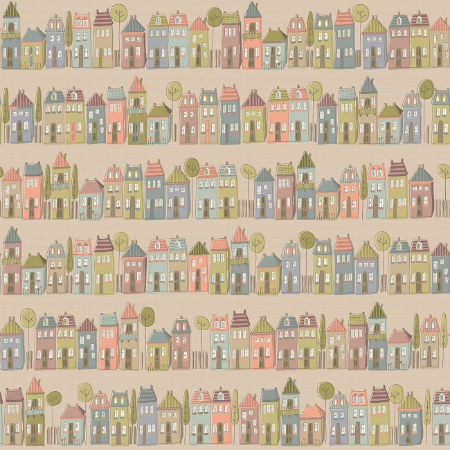 Anni Downs My Neighbourhood Taupe Row Houses Fabric