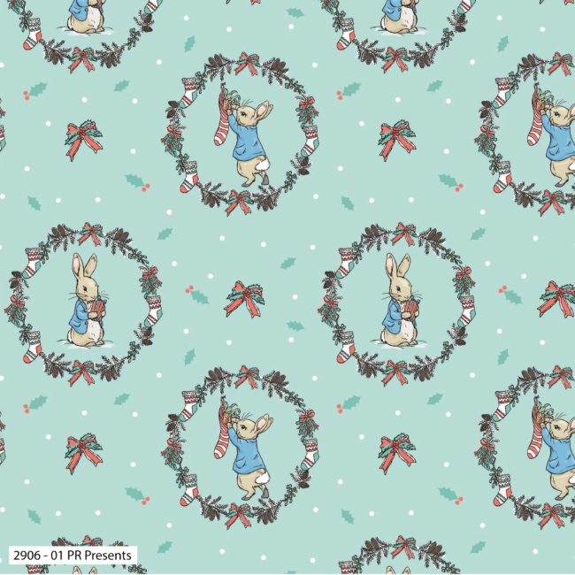 Peter Rabbit Christmas Wreath Fabric - Mint
