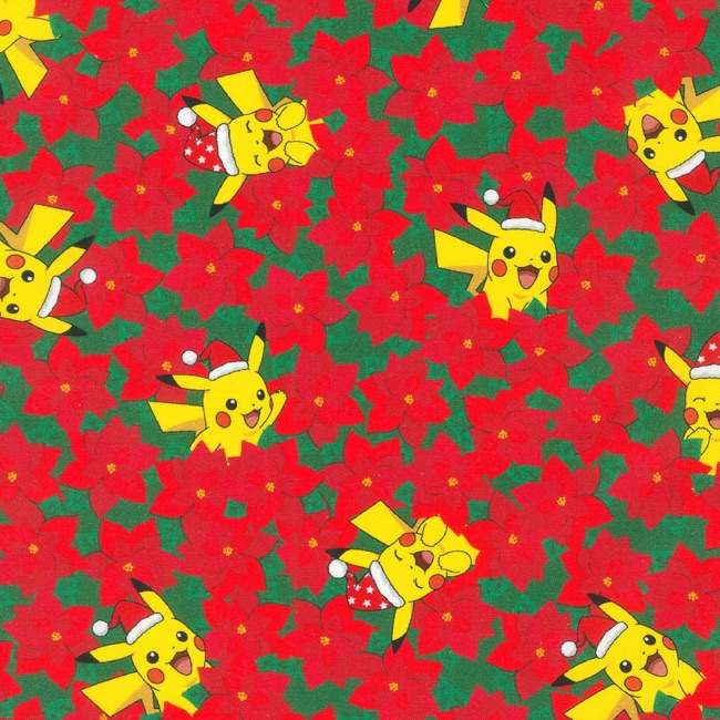 Pokemon Pikachu's Christmas Poinsettia Fabric