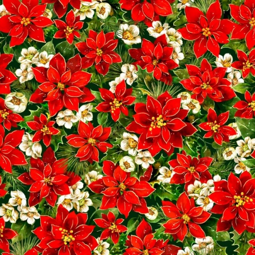 Noel - Mini Poinsettias Green Fabric