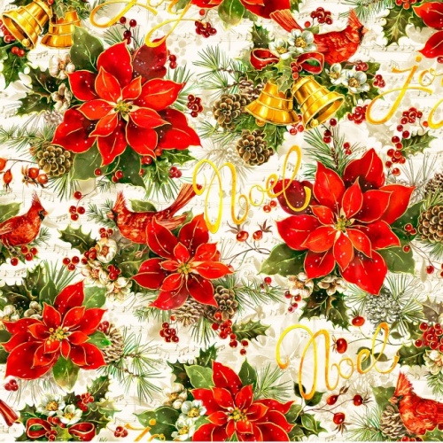 Noel - Musical Poinsettias Ecru Fabric