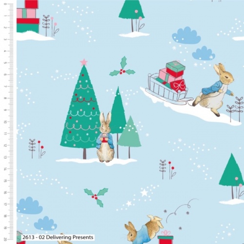 Peter Rabbit Christmas Fabric - Delivering Presents - Light Blue
