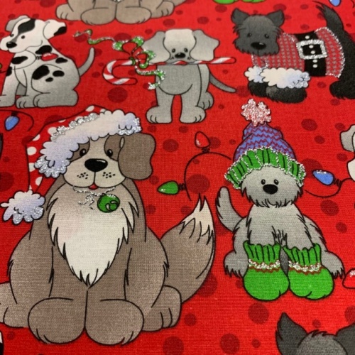 Christmas Pups on Red Fabric