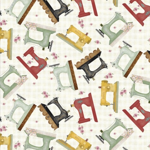 Vintage Machines Cream - Shop Hop Fabric - 3 Wishes