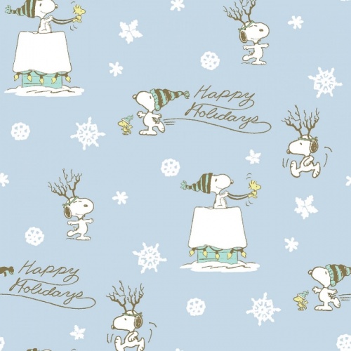 Peanuts Snoopy Light Blue Happy Holidays Fabric