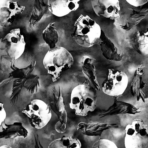 Wicked Grey Ravens on Skulls Halloween Fabric