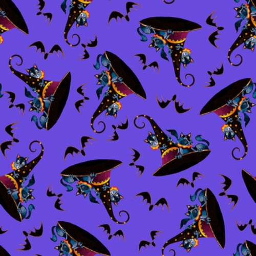 FB Witchful Thinking Purple Hats with Cats and Bats Halloween Fabric