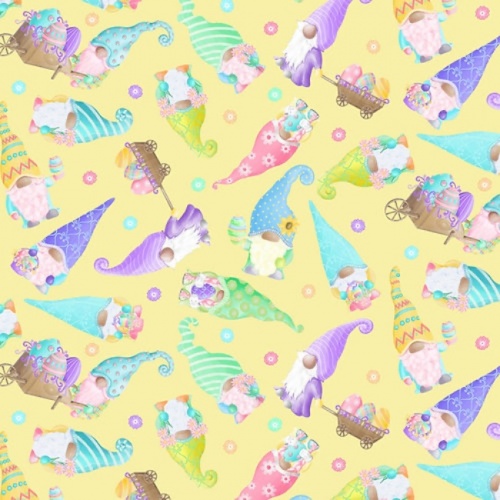 Yellow Tossed Garden Gnomes Easter Fabric