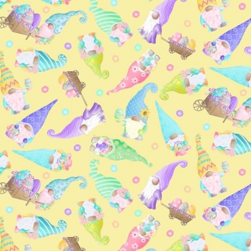 Yellow Tossed Garden Gnomes Easter Fabric